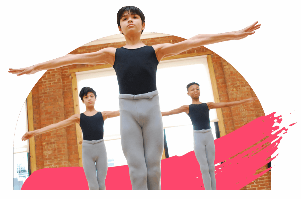 Three young male dancers wearing black leotards and gray tights jump in unison with their legs together and their arms straight out to the side. The photo comes out of an arched cutout shape with a pink paint splash at the bottom, creating the effect of the students jumping out of the shape.