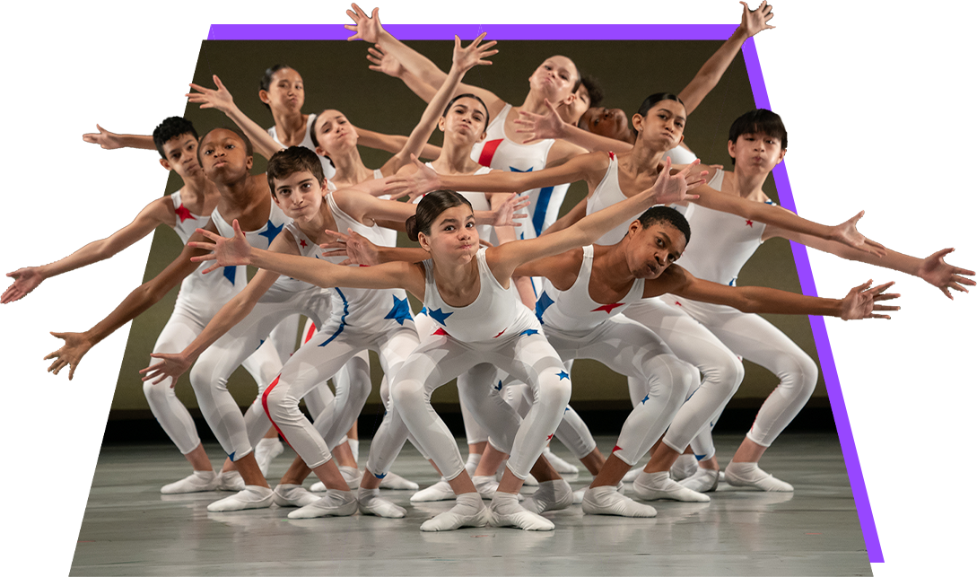 An ensemble of young performers on a stage wearing white unitards with red and blue stars gesture with their arms splayed to the side, showcasing a classic pose from Eliot Feld's "A Yankee Doodle."