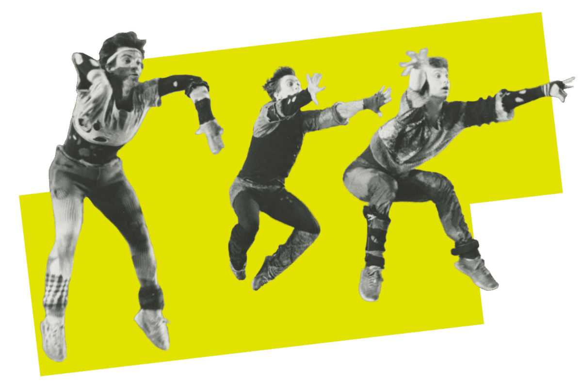 An old black and white image of three adult male dancers in funky costumes, jumping with their knees tucked and arms outstretched forward. The dancers are cut out against a bright green, angular backdrop.