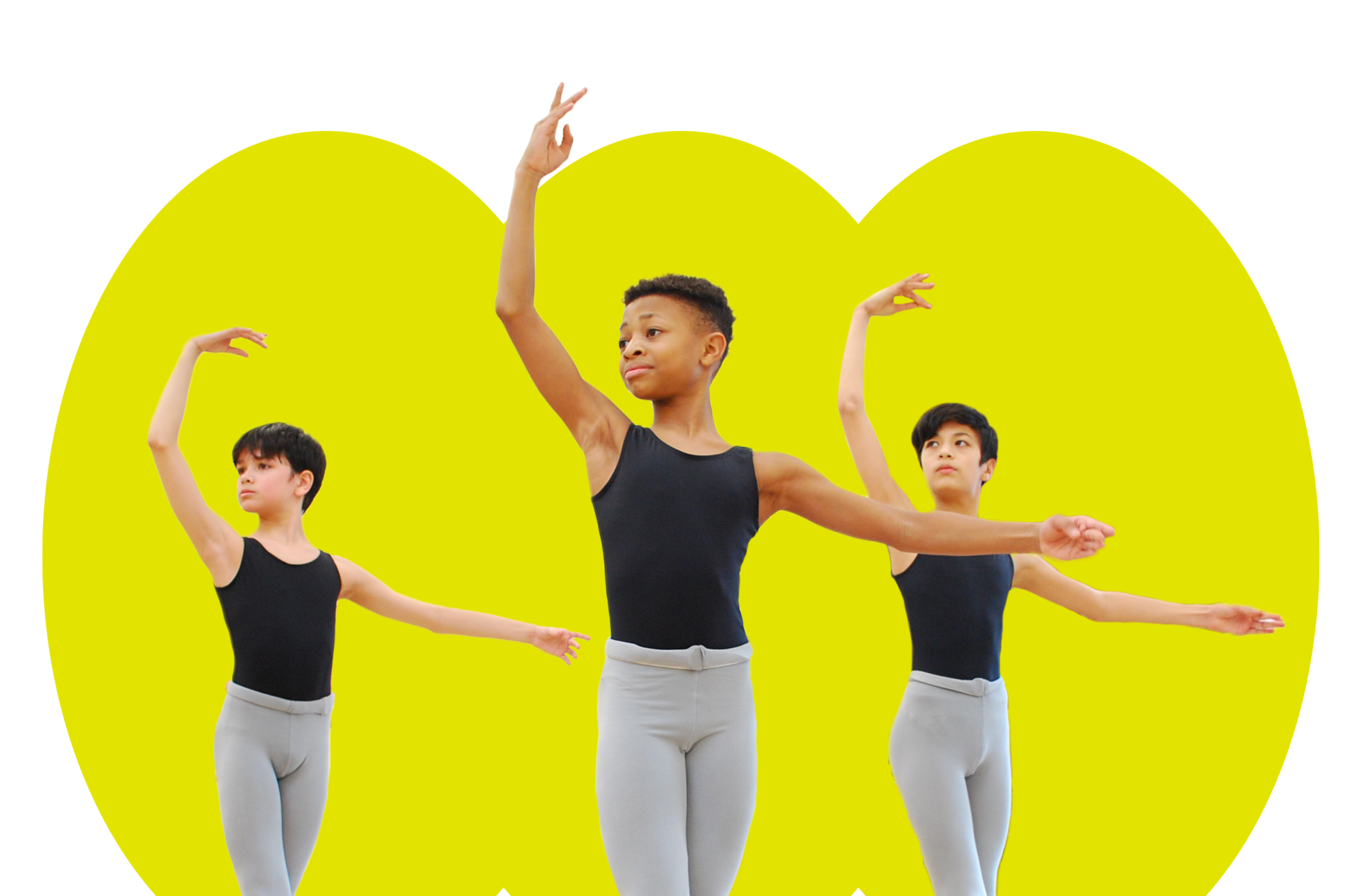 A cropped photo of three male dancers, shown from the waist up, with one arm in 5th position and the other in 2nd position, looking toward the arm in 5th in an epaulement. Their images are cut out and placed atop a background of a bright green modern cut out shape with three upward curves.