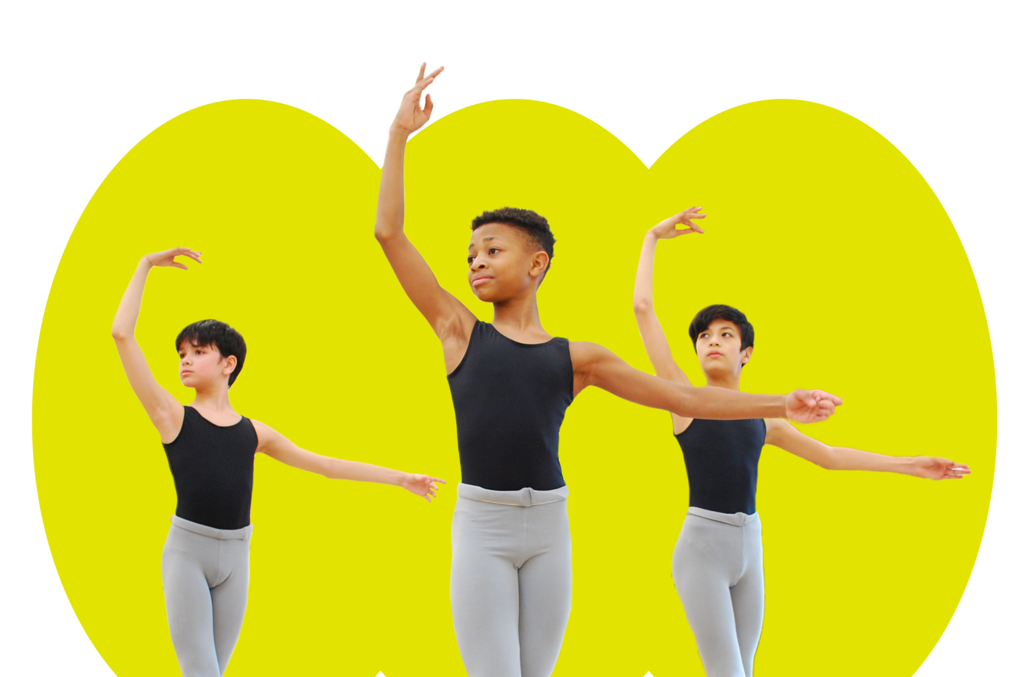 A cropped photo of three male dancers, shown from the waist up, with one arm in 5th position and the other in 2nd position, looking toward the arm in 5th in an epaulement. Their images are cut out and placed atop a background of a bright green modern cut out shape with three upward curves.