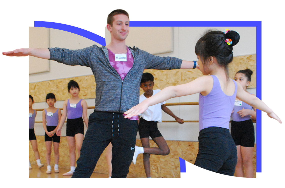 A student in a dance studio in the Introduction to Ballet class copies the teacher's movement, reaching one foot to a tendu side, and both arms outwards, preparing to dance across the floor.