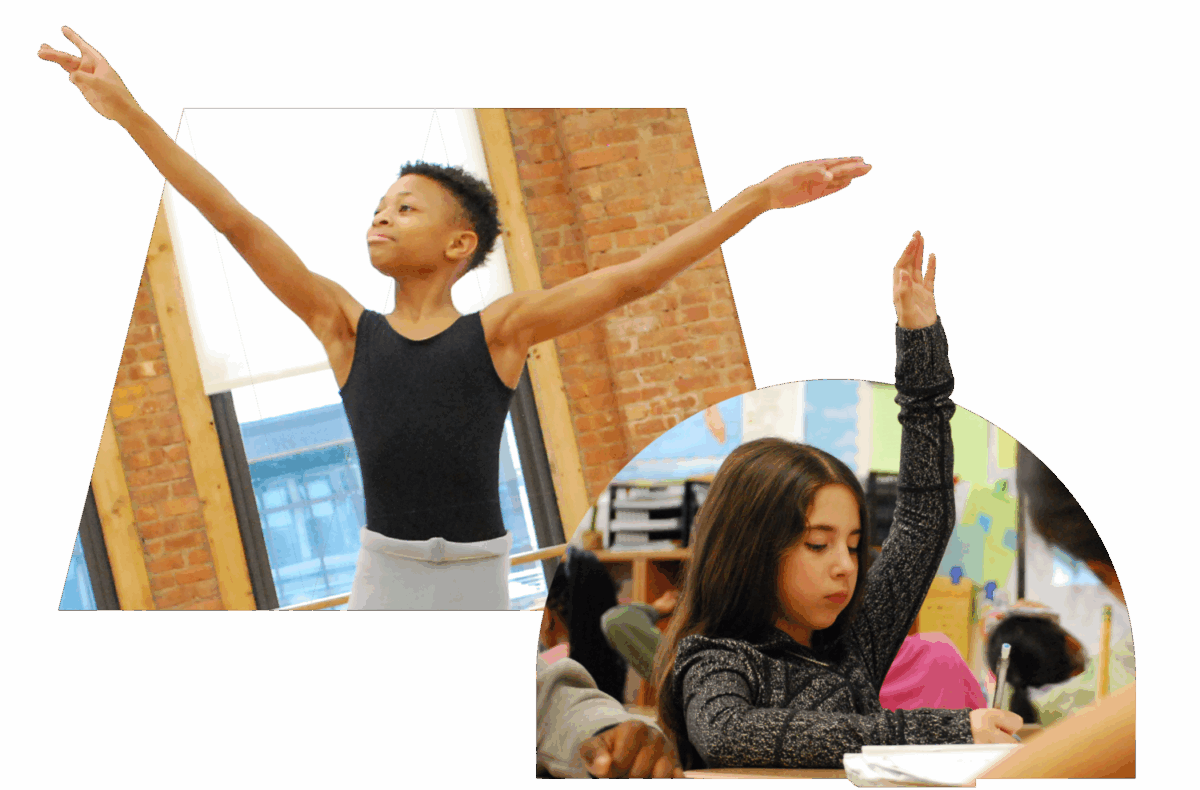 Two photos side by side; 1. A young boy in dance uniform smiling with his arms splayed in the air, shown from the waist up and 2. A young girl sits in a classroom working at her desk, raising her hand.