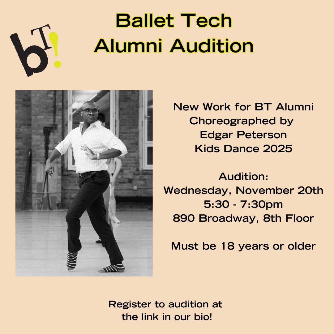 Alumni Edgar Peterson dances in a studio. His image lays atop a graphic for Instagram that reads "Ballet Tech Alumni Audition."