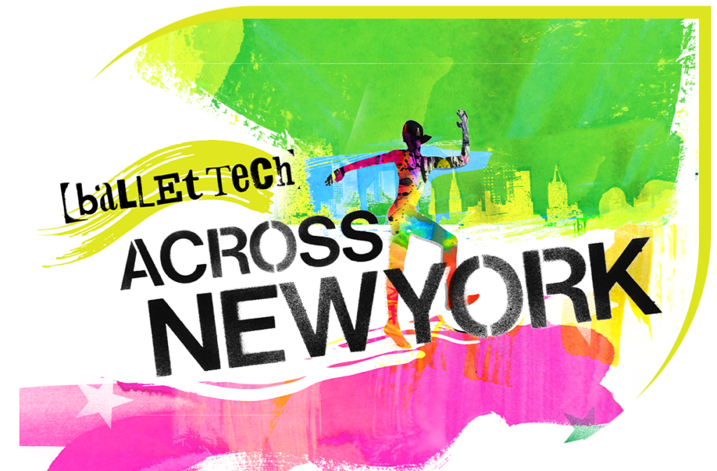 Logo of Ballet Tech Across New York, featuring a colorful backdrop with an outline of the NYC skyline, with a silhouette of one dancer skipping gracefully.