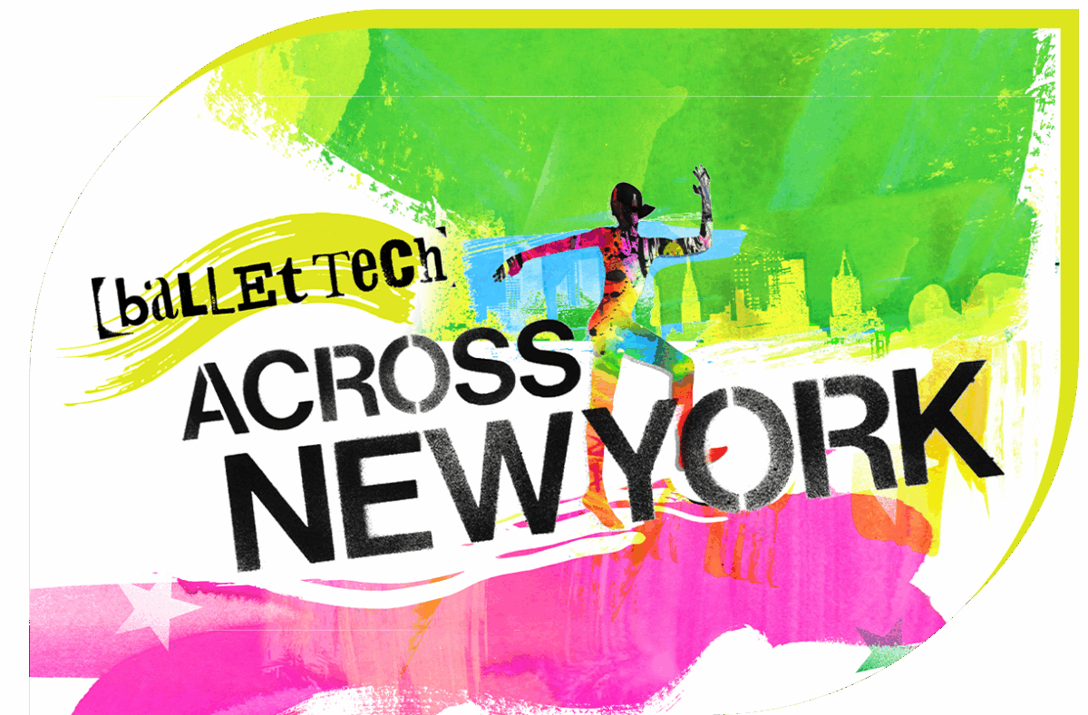 Logo of Ballet Tech Across New York, featuring a colorful backdrop with an outline of the NYC skyline, with a silhouette of one dancer skipping gracefully.