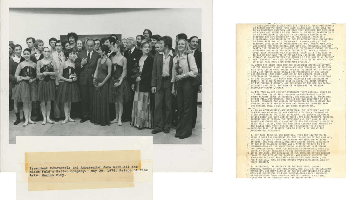 A black and white photo of Eliot Feld&#039;s Ballet Company posing with President Echeverria and Ambassador Jova at the Palace of Fine Arts in Mexico City.