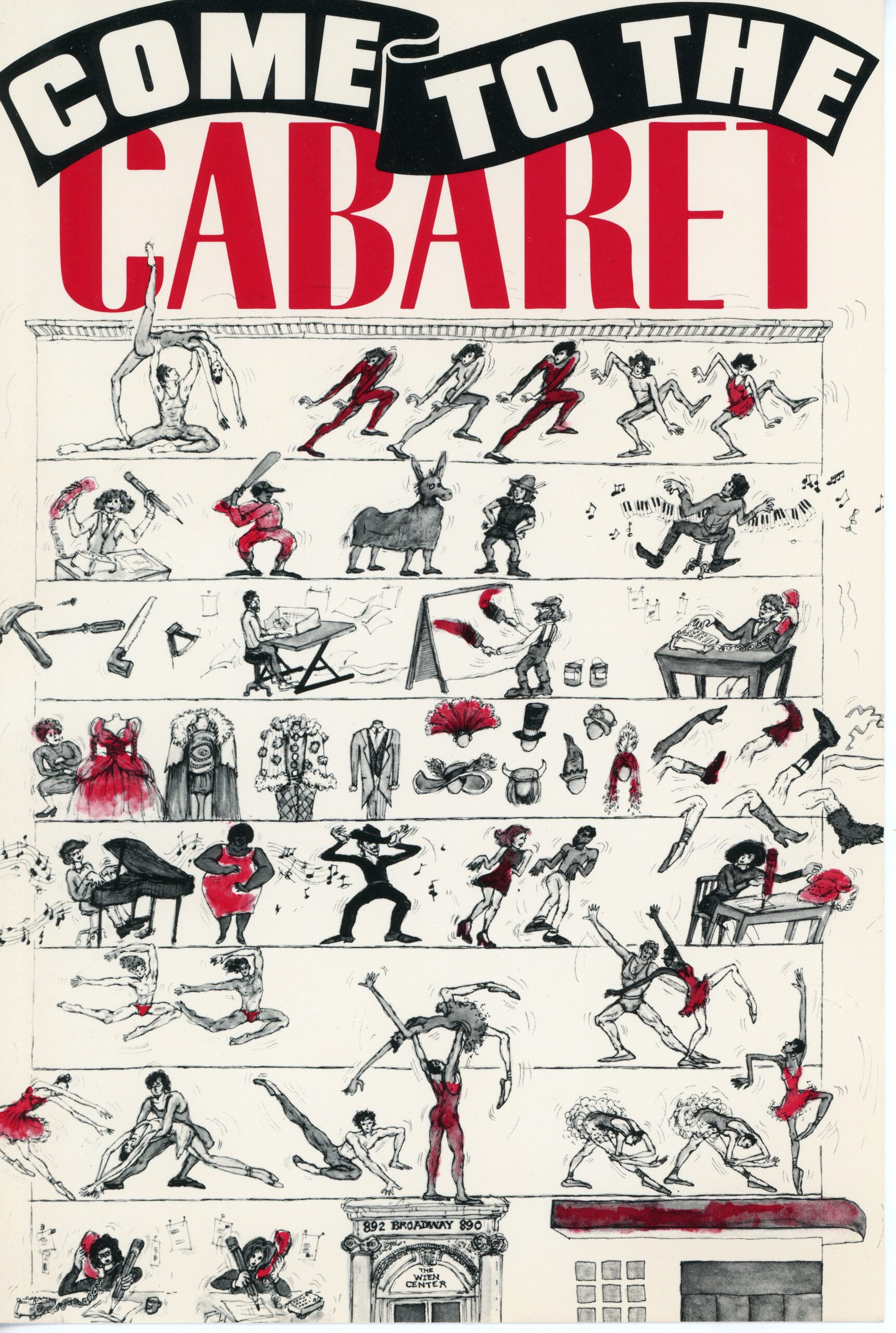 Scan of a fundraiser flier that reads &quot;Come to the Cabaret&quot; in bold block lettering. There are cartoonish images of dancers, acrobats, musicians, and painters spread line by line across the page. At the bottom there is a sketch of the front of the building at 890 Broadway.