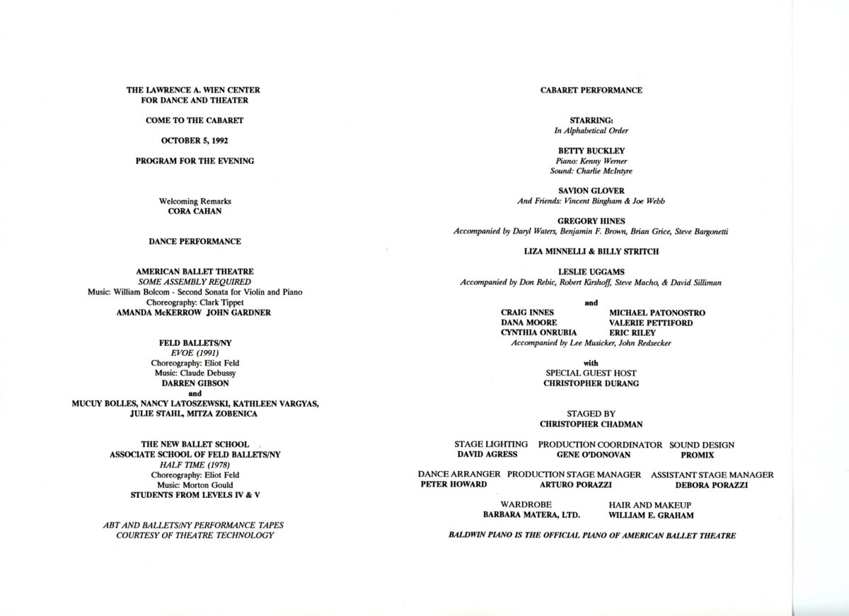 Program for &quot;Come to the Cabaret&quot; fundraiser performance at The Lawrence A. Wien Center for Dance and Theater.