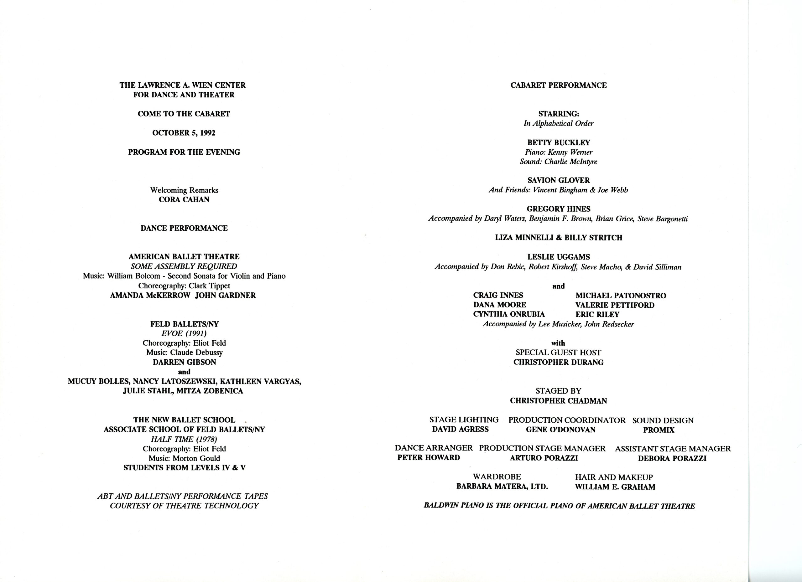 Program for &quot;Come to the Cabaret&quot; fundraiser performance at The Lawrence A. Wien Center for Dance and Theater.