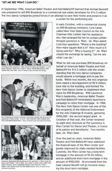 Scan of a playbill with text and photos of the unveiling of 890 Broadway.