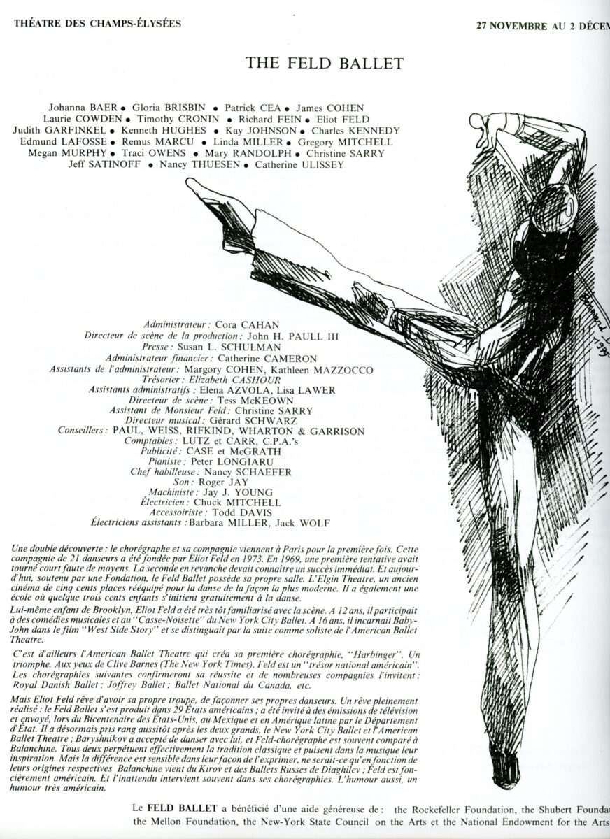 The first page of a program for a Feld Ballet performance at the Champs-Elysses Theater written in French, with a sketch of a dancing figure. It includes the names of the dancers and entire production team.
