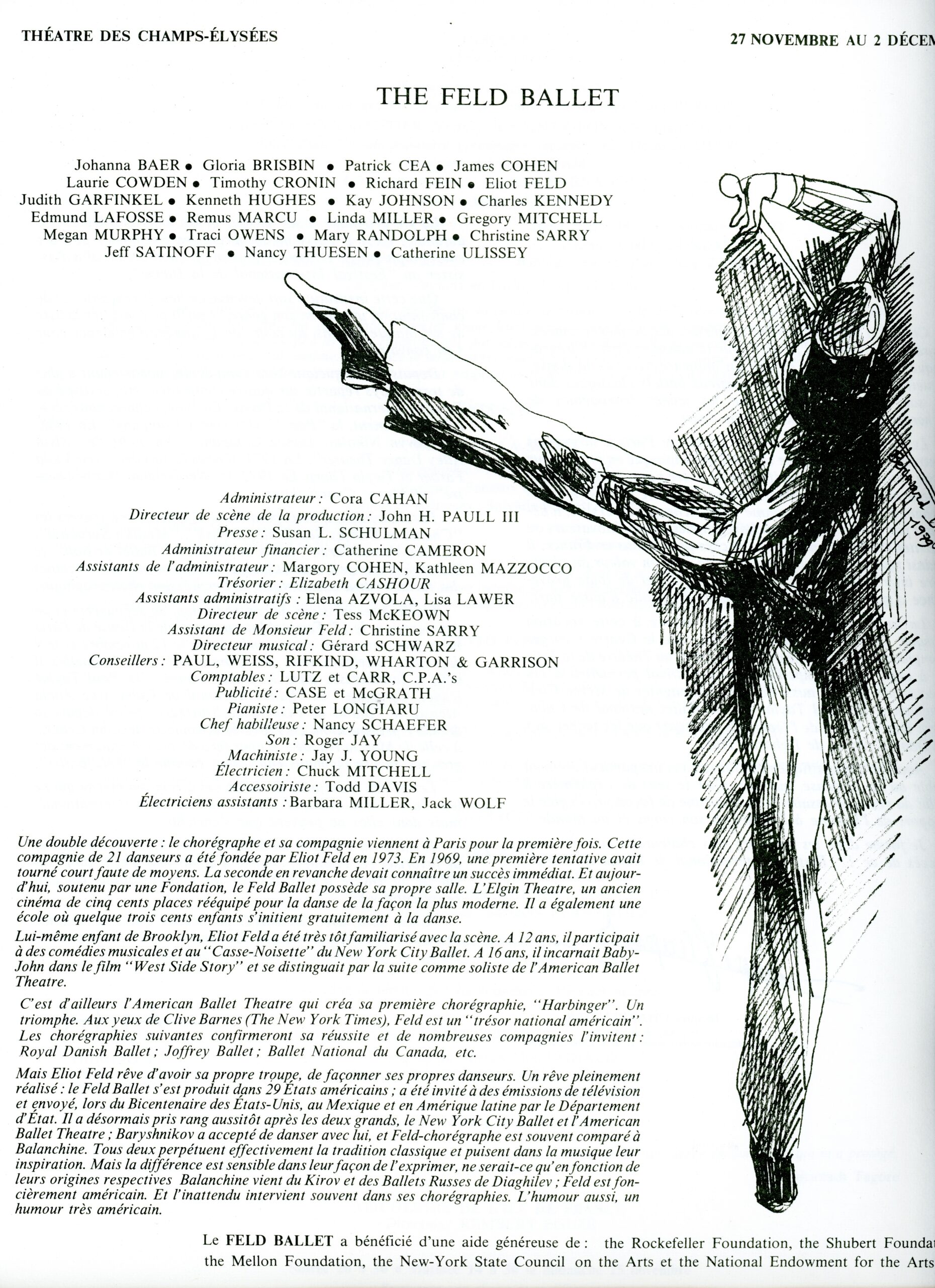 The first page of a program for a Feld Ballet performance at the Champs-Elysses Theater written in French, with a sketch of a dancing figure. It includes the names of the dancers and entire production team.