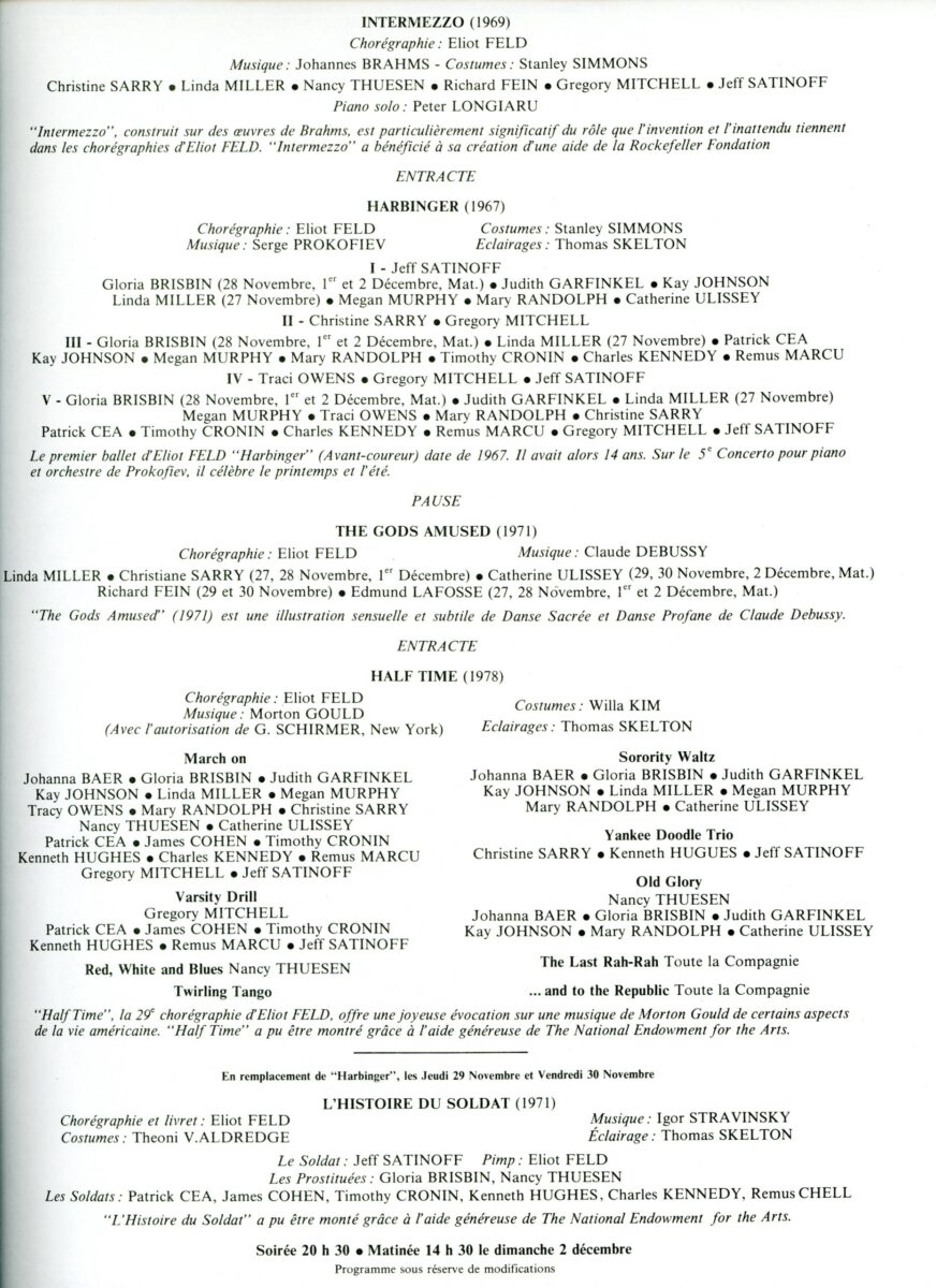 The second page of a program for a Feld Ballet performance at the Champs-Elysses Theater written in French. It includes the pieces &quot;Intermezzo,&quot; &quot;Harbinger,&quot; &quot;The Gods Amused,&quot; &quot;Half Time,&quot; and &quot;L&#039;histoire du Soldat.&quot;