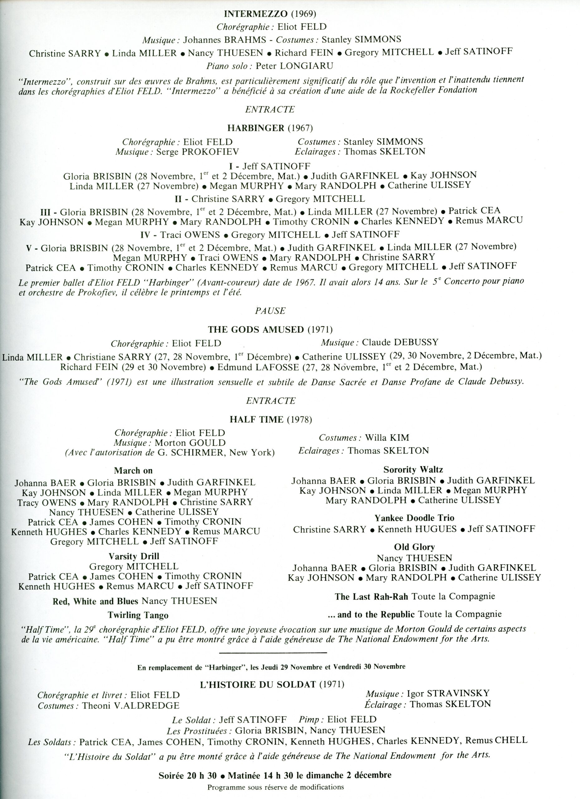 The second page of a program for a Feld Ballet performance at the Champs-Elysses Theater written in French. It includes the pieces &quot;Intermezzo,&quot; &quot;Harbinger,&quot; &quot;The Gods Amused,&quot; &quot;Half Time,&quot; and &quot;L&#039;histoire du Soldat.&quot;