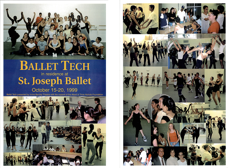 Scan of a pamphlet with a collage of photos of dance students in rehearsal. The text atop reads &quot;Ballet Tech in residence at St. Joseph Ballet, October 15-20, 1999.&quot;