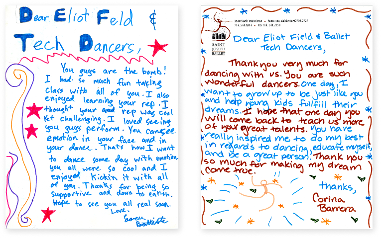 Two notes side by side handwritten in marker from Saint Joseph students thanking Eliot Feld and his dancers for teaching them during their residency. They have doodle of stars, swirls, and stick figure dancers on them.