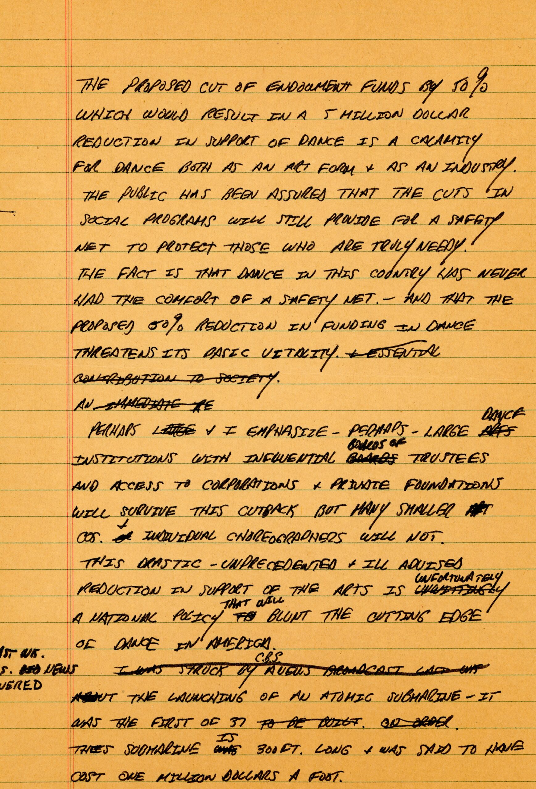 A handwritten draft of Eliot Feld&#039;s &quot;Submarine Speech&quot; from 1981.