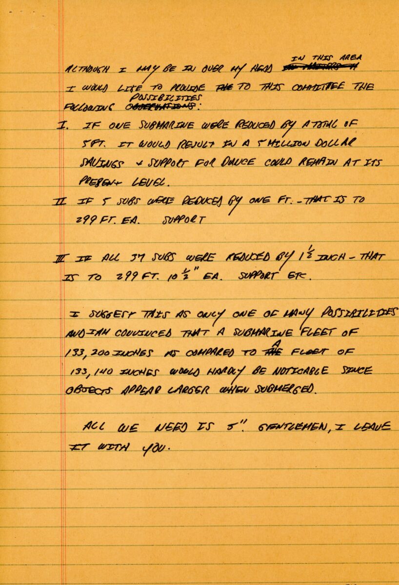 A handwritten draft of Eliot Feld&#039;s &quot;Submarine Speech&quot; from 1981.