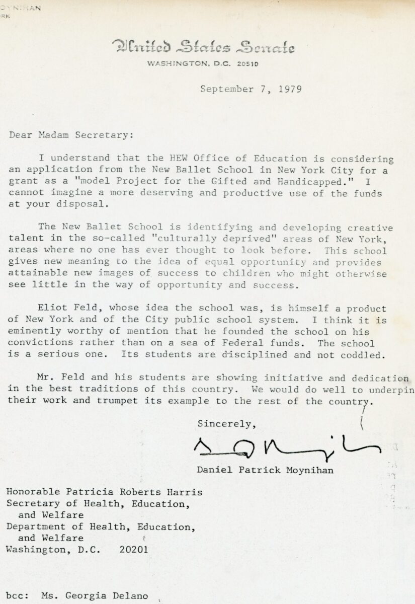 A typewritten letter from Daniel Patrick Moynihan to the NY Secretary of Education advocating for grant funds for Eliot Feld&#039;s New Ballet School.