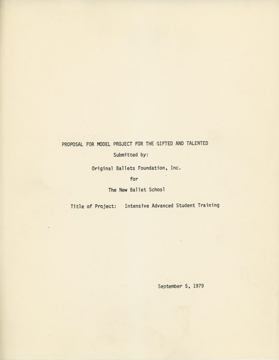 Cover for the grant proposal for The New Ballet School for the Model Project for the Gifted and Talented, dated September 5, 1979.